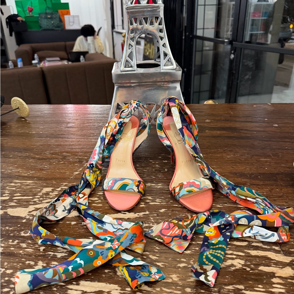 Christian Louboutin Douce Du Desert Silk Tie Pumps | Size 37 | Multicolor - Picture 3 of 5